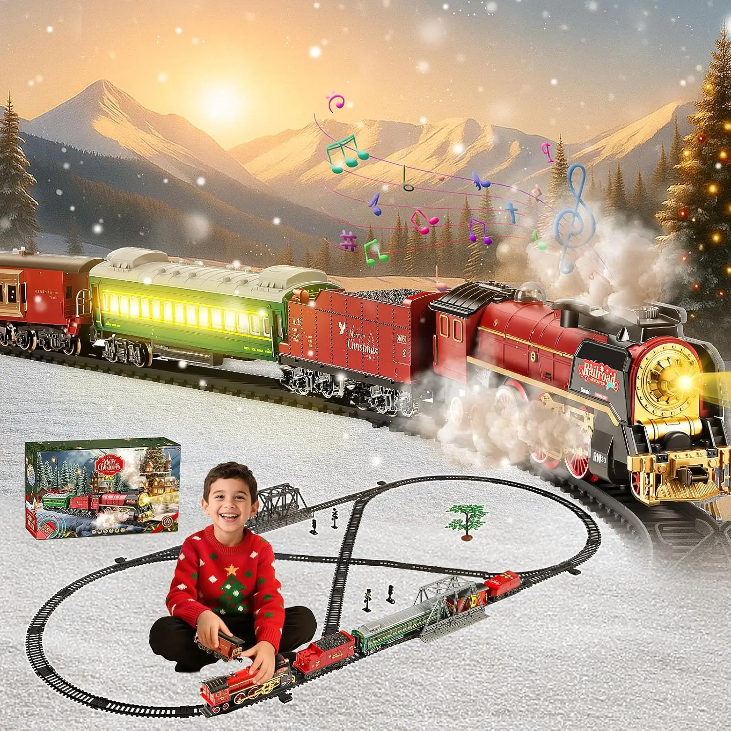 

Electric Train Set for Kids with Remote Control, Classic Steam Locomotive with Smoke, Lights & Sounds, Kids Christmas Trains Tra