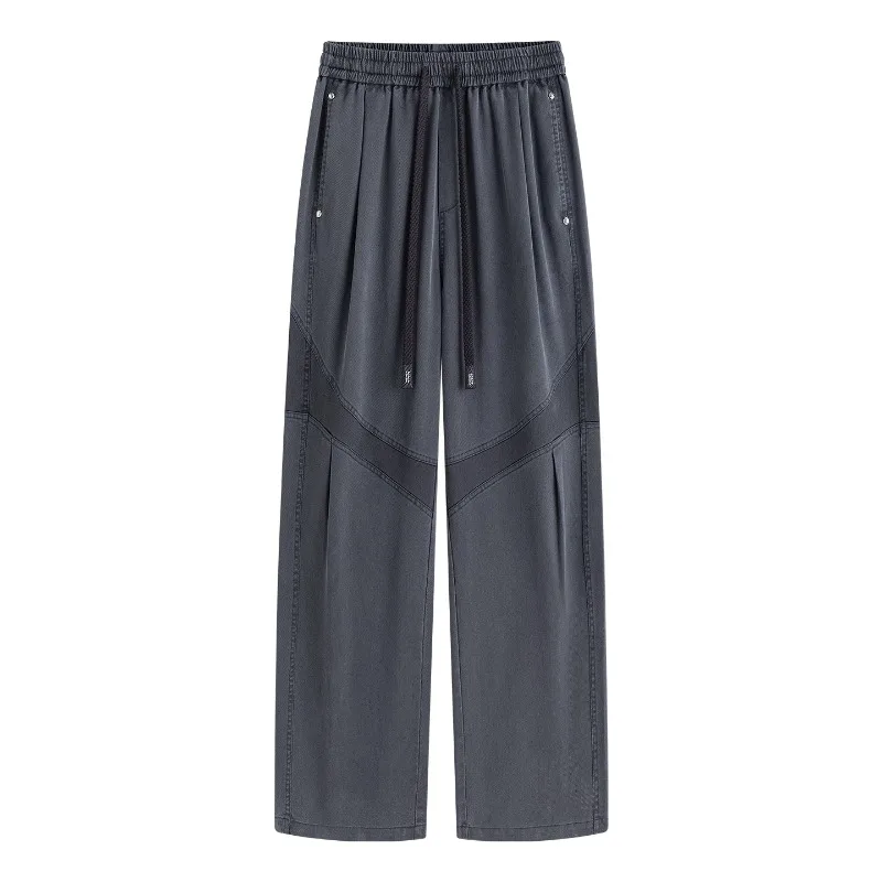 Men 2026 Autumn American Vintage Washed Deconstructed Spliced Jeans Plus‑Size Loose Wide‑Leg Drawstring Cargo Denim Trousers