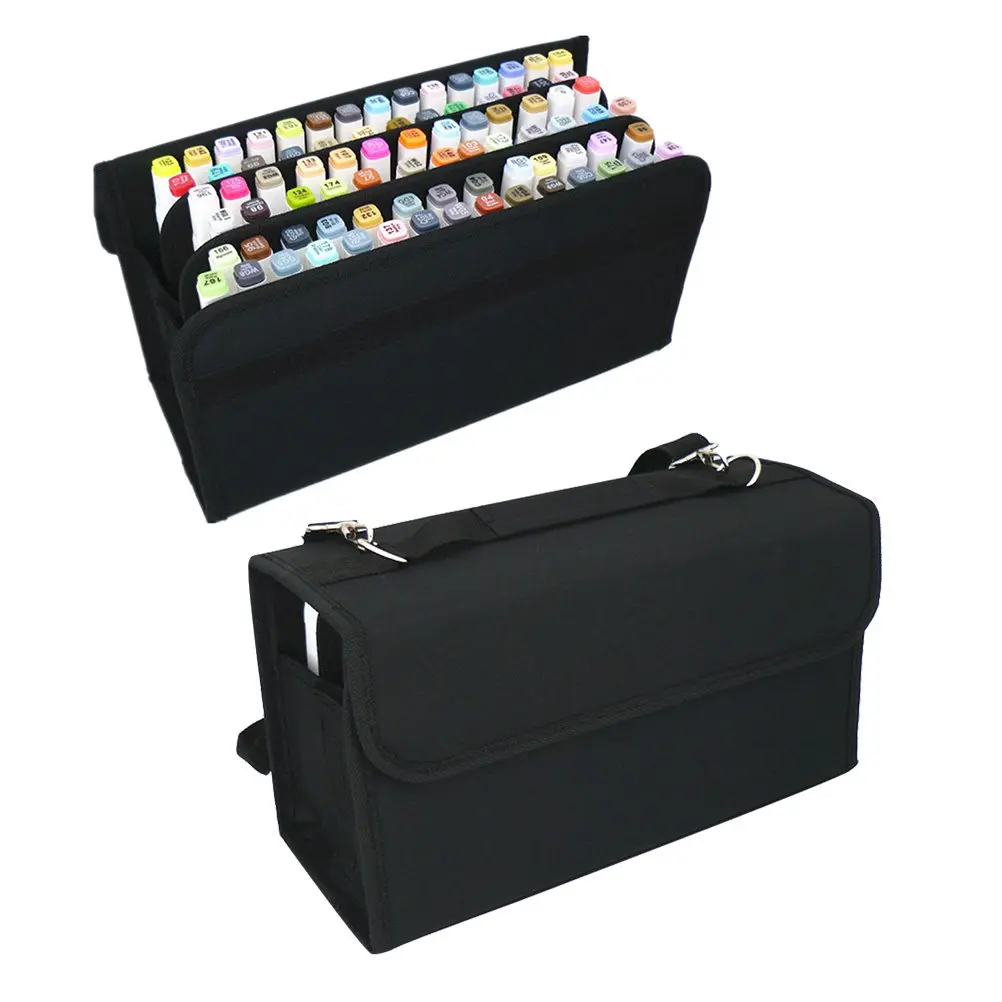 80 Slot Nylon Marker Bag for Artists Teachers Students Shoulder Strap Detachable Elastic Sleeve Table Easel Mount T-Tag Cabinet