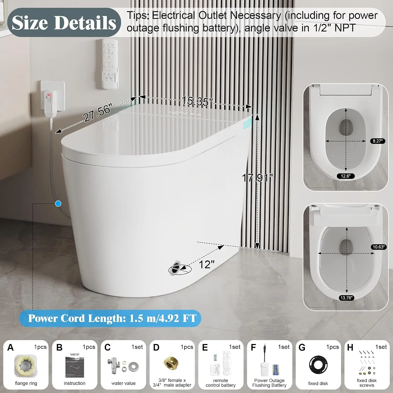 Smart Toilet with Bidet Built In Heated Seat Auto Flush Manual Seat&Lid, Customized