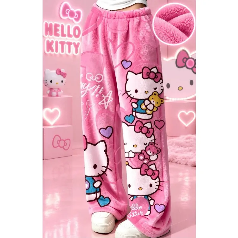 Women Hello Kitty Flannel Wide Leg Sleep Pants Soft Fuzzy Plush Trousers Cute Cartoon Loungewear Gift for Teen Girls Fans