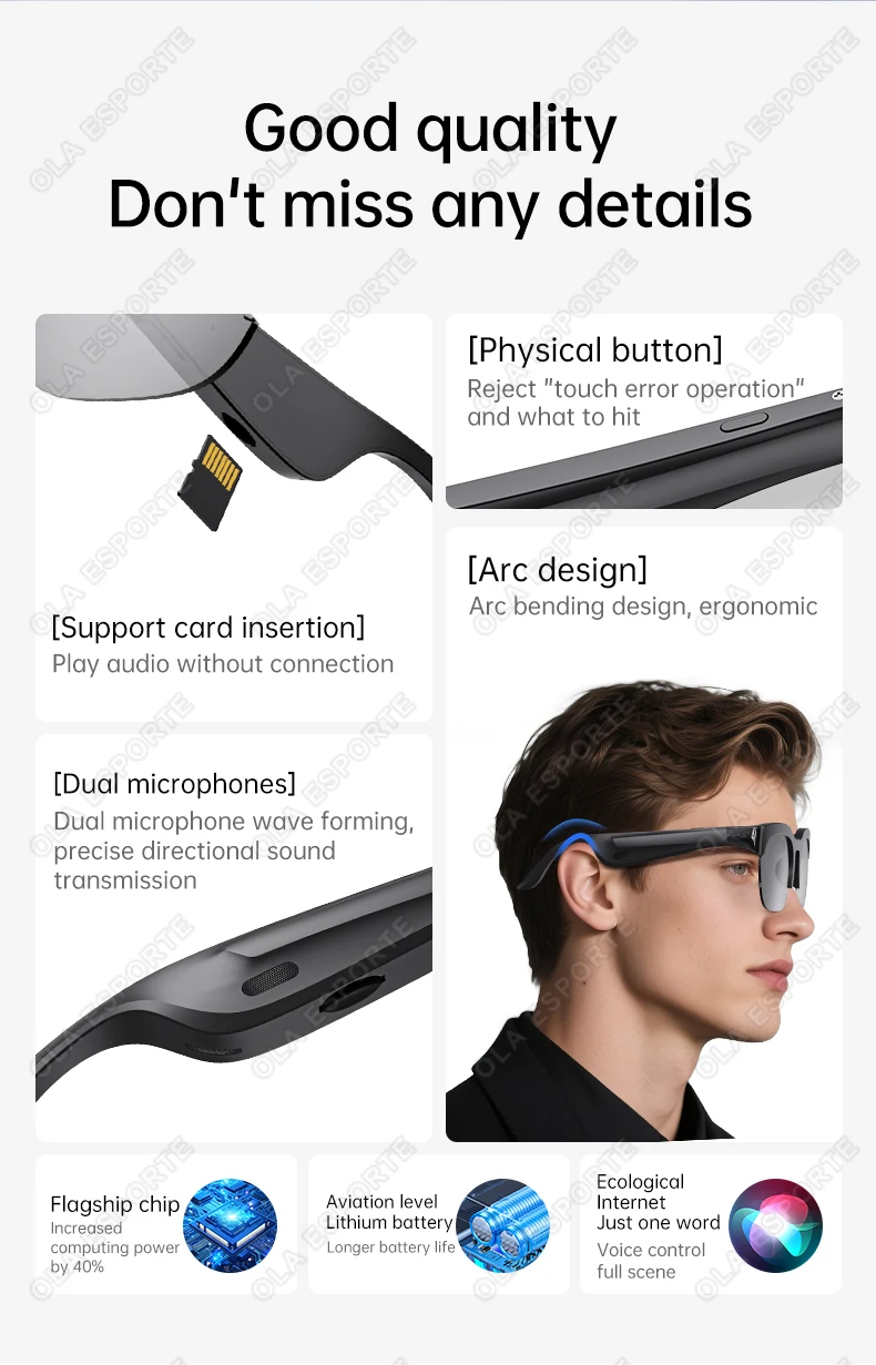 Sonnenbrille mit KI-Übersetzung, TF-Karte, Bluetooth, Gesprächsaufzeichnung, Musikwiedergabe, Smarte Sonnenbrille für Männer und Frauen HT30 – Detail 2