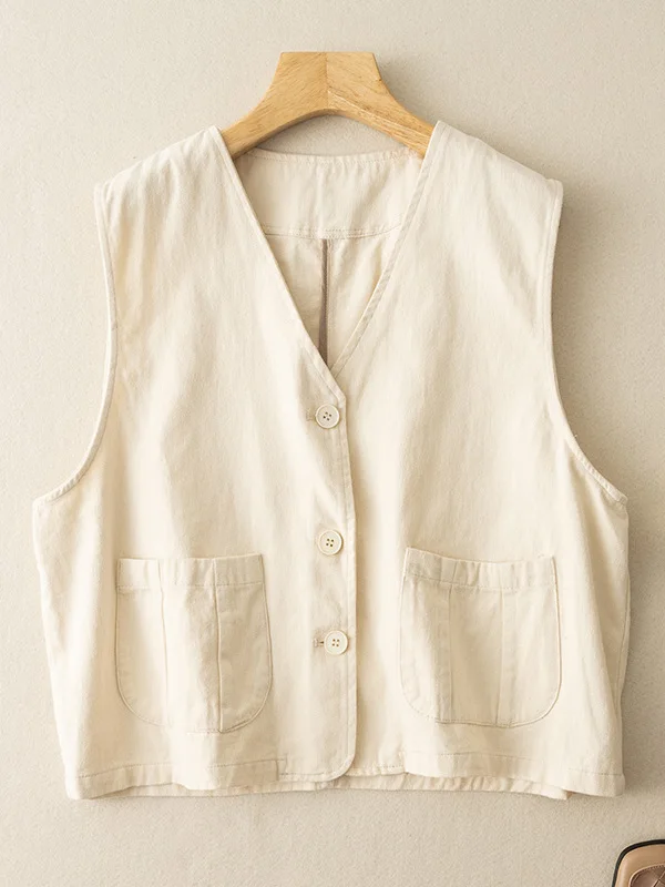 Retro Artistic Women's Cotton Vest Loose V-neck Multi-purpose Casual Wear Spring Autumn Large Size Layering with Pocket