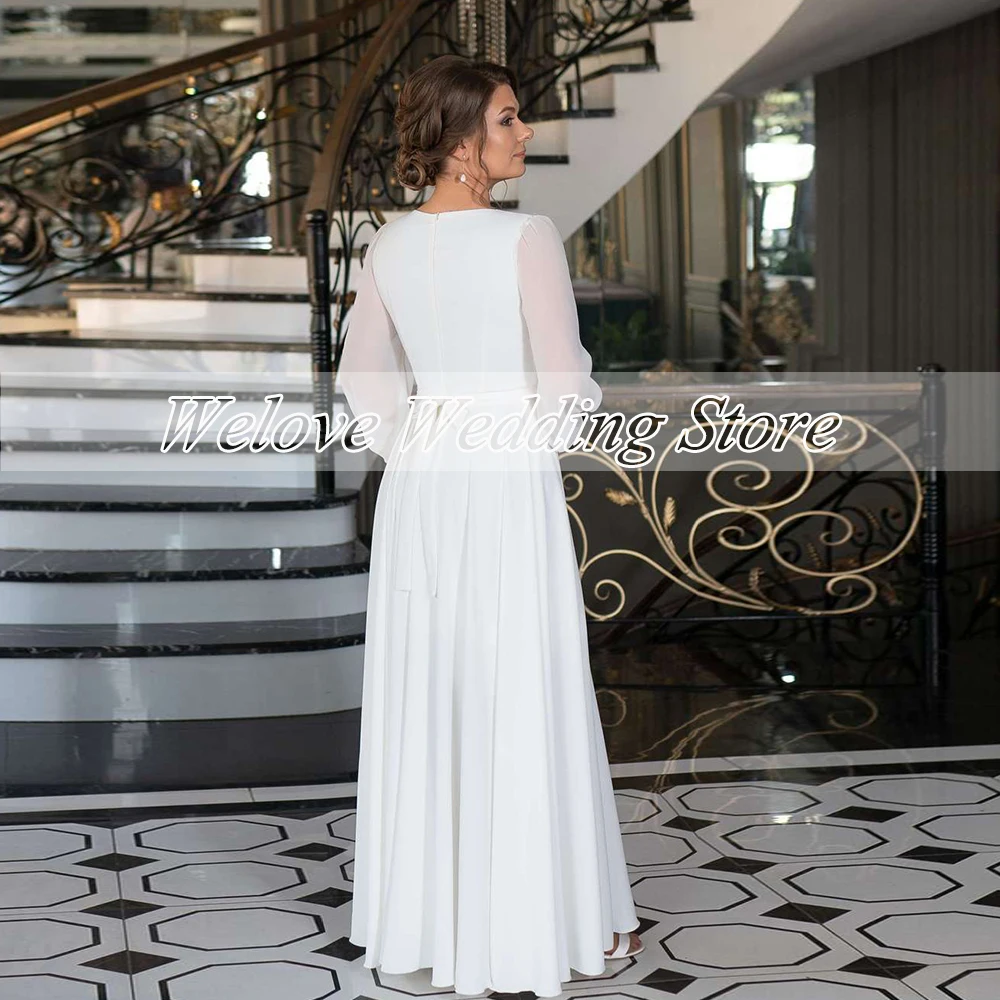 Simple สีขาว Slit งานแต่งงานชุดผู้หญิงแขนยาว Slim V คอ Civil เจ้าสาวชุด Elegant Robe De mariage 2021ใหม่