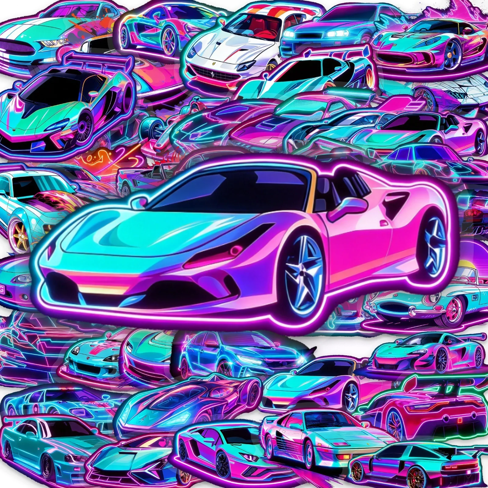 50 Pcs Neon Sports Car Stickers Transparent PET Waterproof Decals for Luggage Journal Helmet Laptop Phone Case Gift