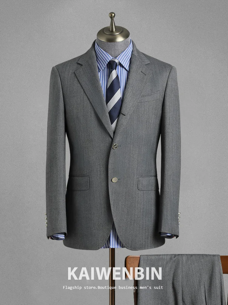 

Custom Mens Suit 2 Piece Herringbone 3 Button Wool Blazer Pants Set British Style Luxury Groom Wedding Suits Formal Metal Button
