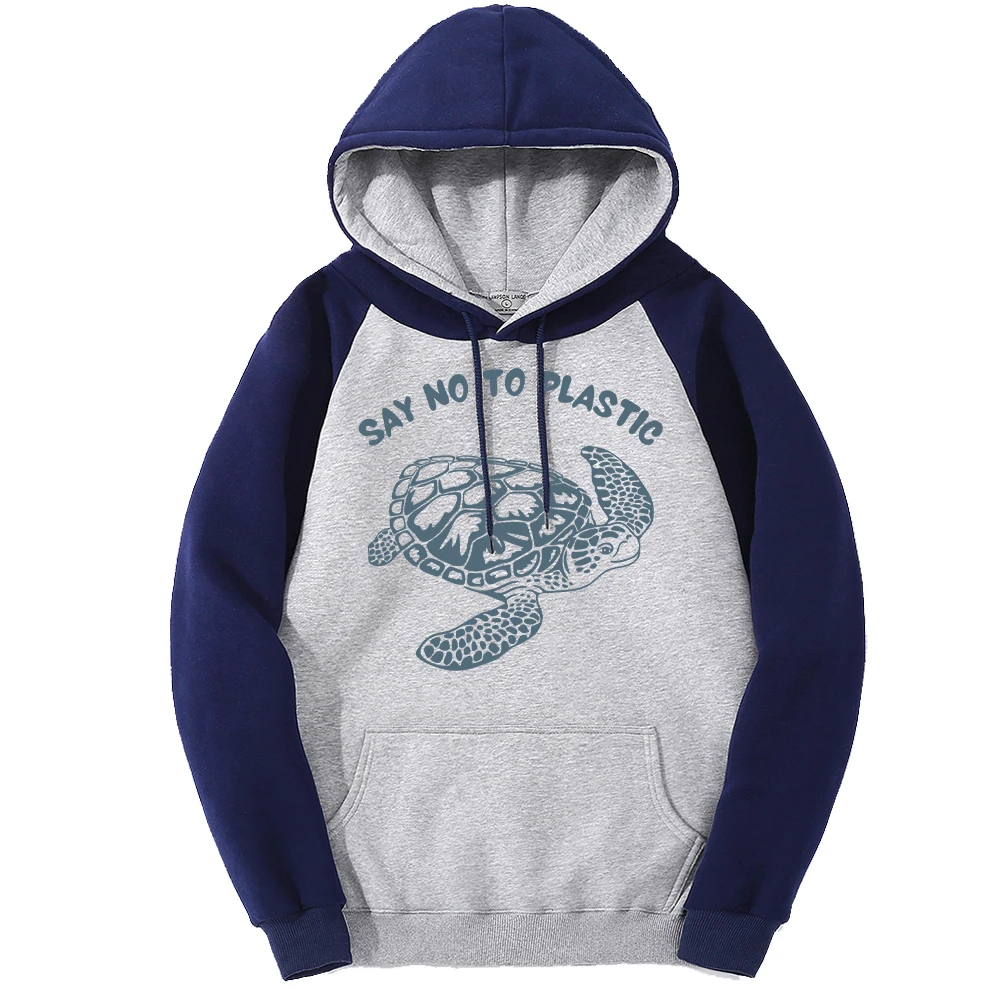 Say No To Plastic Sea Turtle Printing Raglan Hoodies Mens Y2K Pocket Pullovers Fleece Multicolor Hoody Loose Sportswear