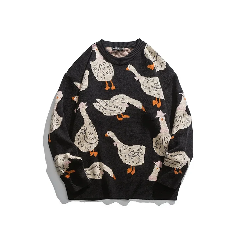 Autumn Winter Pullover Sweaters for Men Cartoon Goose Print Casual Loose Round Neck Knitwear Couple Oversized Knitted Sweater