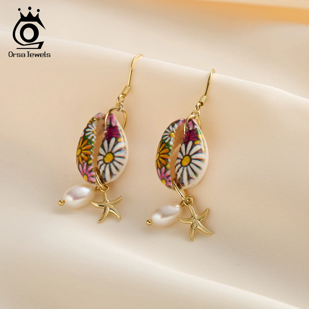 

ORSA JEWELS 925 Silver Shell Starfish Dangle Earrings with Natural Pearl Summer Beach Drop Geometric Earring Gift Jewelry GPE117