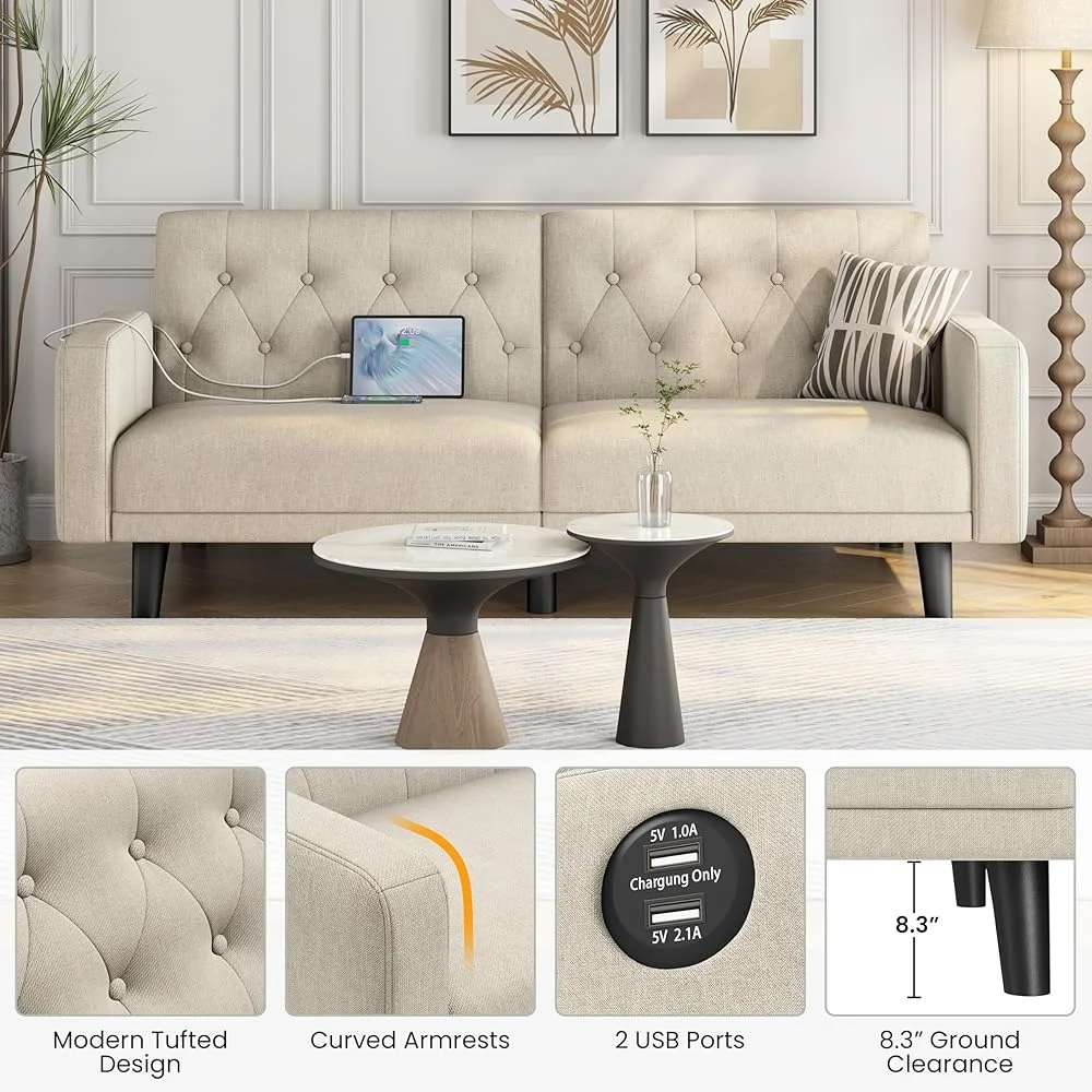 63 Inch Adjustable Convertible Sofa Bed with USB Charging Reclining Futon Removable Armrests Multi-functional Couch Living Room