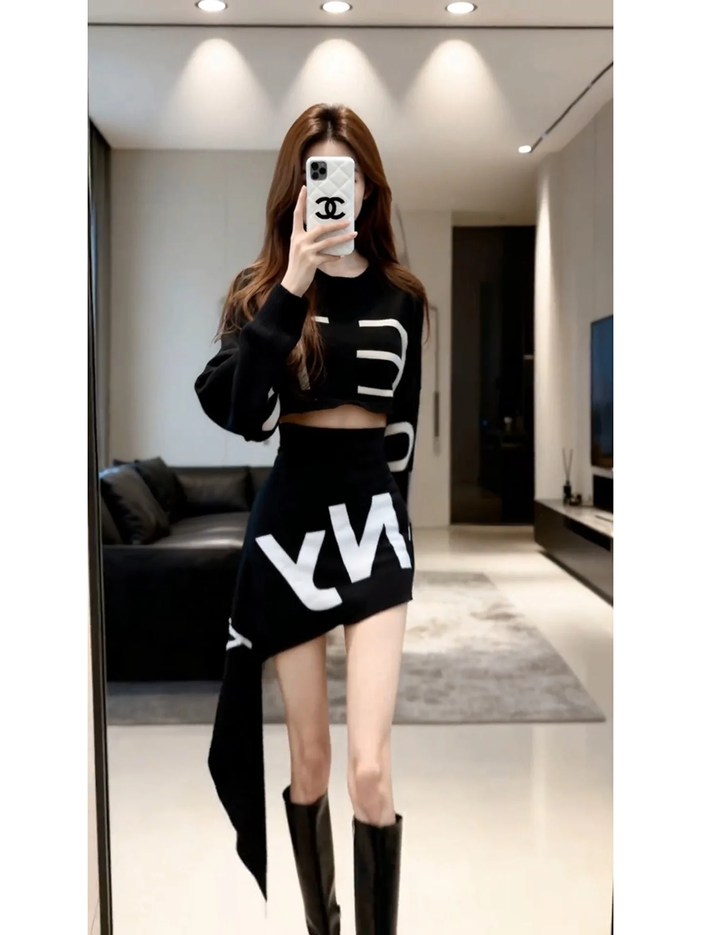 

American Hot Girl Knitted Set Women's Letter Pattern f Skirt Faionable plus Size Clothing Casual Wear High Waist Design