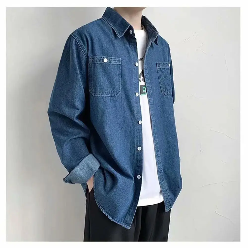 Single Breasted Men's Denim Shirts Pockets Lapel Collar Versatile Tops 2025 New Summer Bussiness Casual Shirt for Man