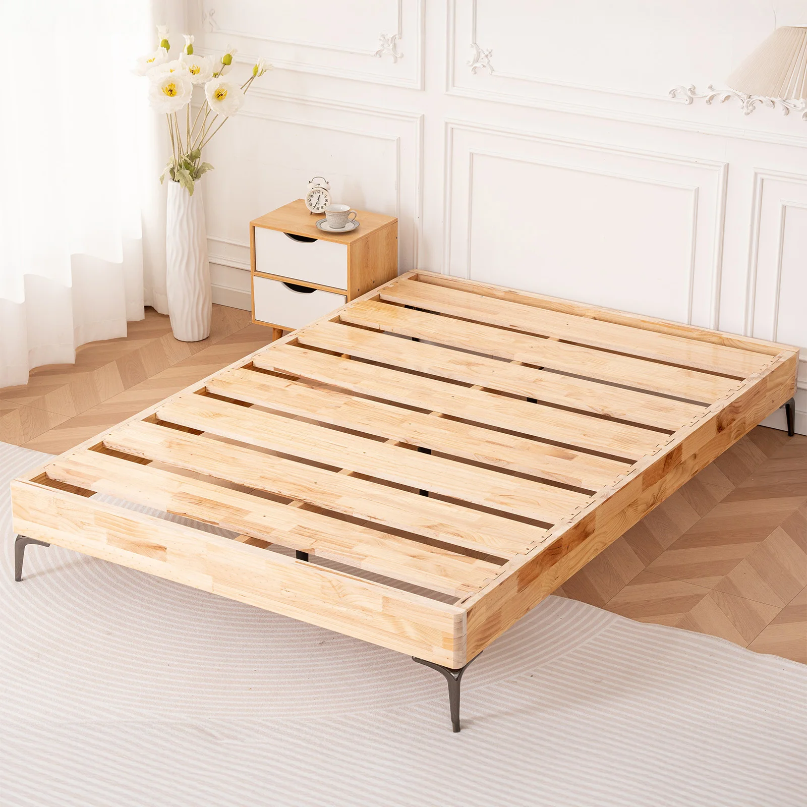 Lit 140x190 avec sommier à lattes en bois et pin massif, lattes de 20 mm, lit double, espace de rangement dans la lingerie, facile à assembler, style moderne