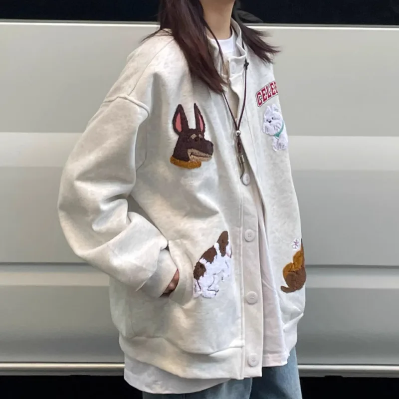 Sweet Cute Cartoon Puppy Embroidery Button Up Hoodie Women Y2K Casual Sweatshirt Plush Dog Flocking Outwear Teenager Clothes