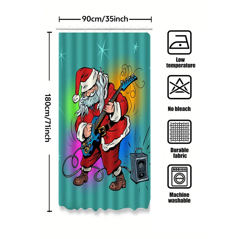 TU Rockstar Santa Claus Tirai Mandi Dekorasi Musik Natal Kain Kamar Mandi Hadiah Liburan Meriah Dinding Santa Claus Rock and Roll