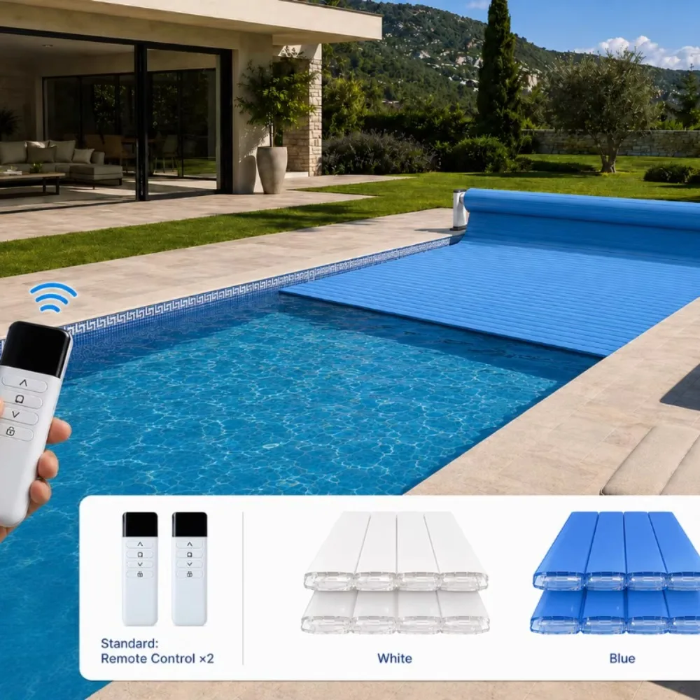 Motorized Retractable PC Slat Swimming Pool Cover, Remote Control Hidden Mount Automatic Pool Protective Cover