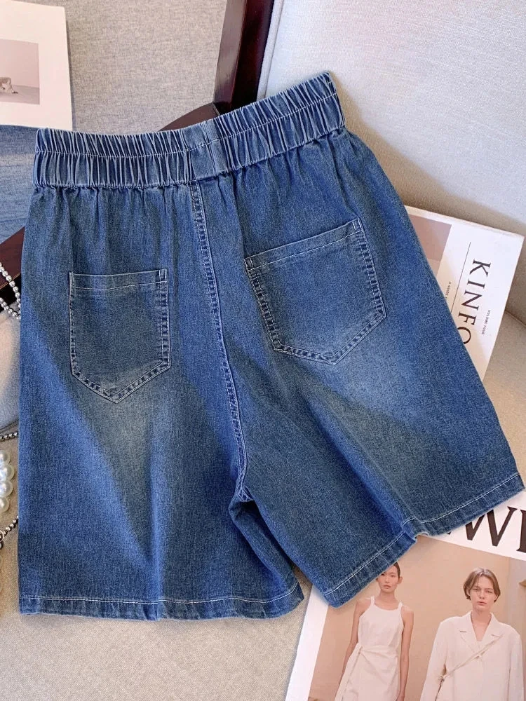 Plus Size Women's Denim Shorts 2024 Summer New Thin Retro Style Elastic Waist Solid High Waist Loose Wide Leg Pants Shorts Women