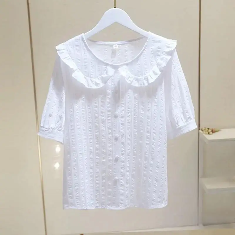 

Pure Cotton Puff Sleeve Doll Collar Shirt Women Short Sleeve Tops Summer New Ruffles Round Neck Solid Color Elegance T-shirt