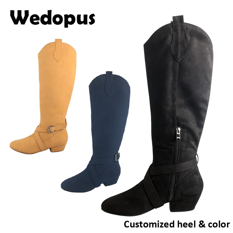 Wedopus Customized Heel and Color Black Dance Long Boots Suede Sole West Coast Swing Dance Shoes Boots Wooden Heel