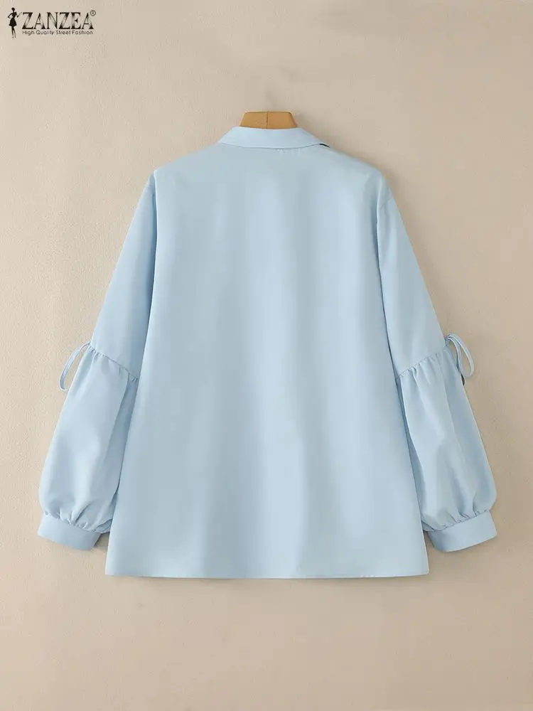 2025 ZANZEA otoño camisa de oficina blusa de mujer elegante cuello de solapa Tops de manga larga Casual con cordones Chemise sólido botón abajo Blusas