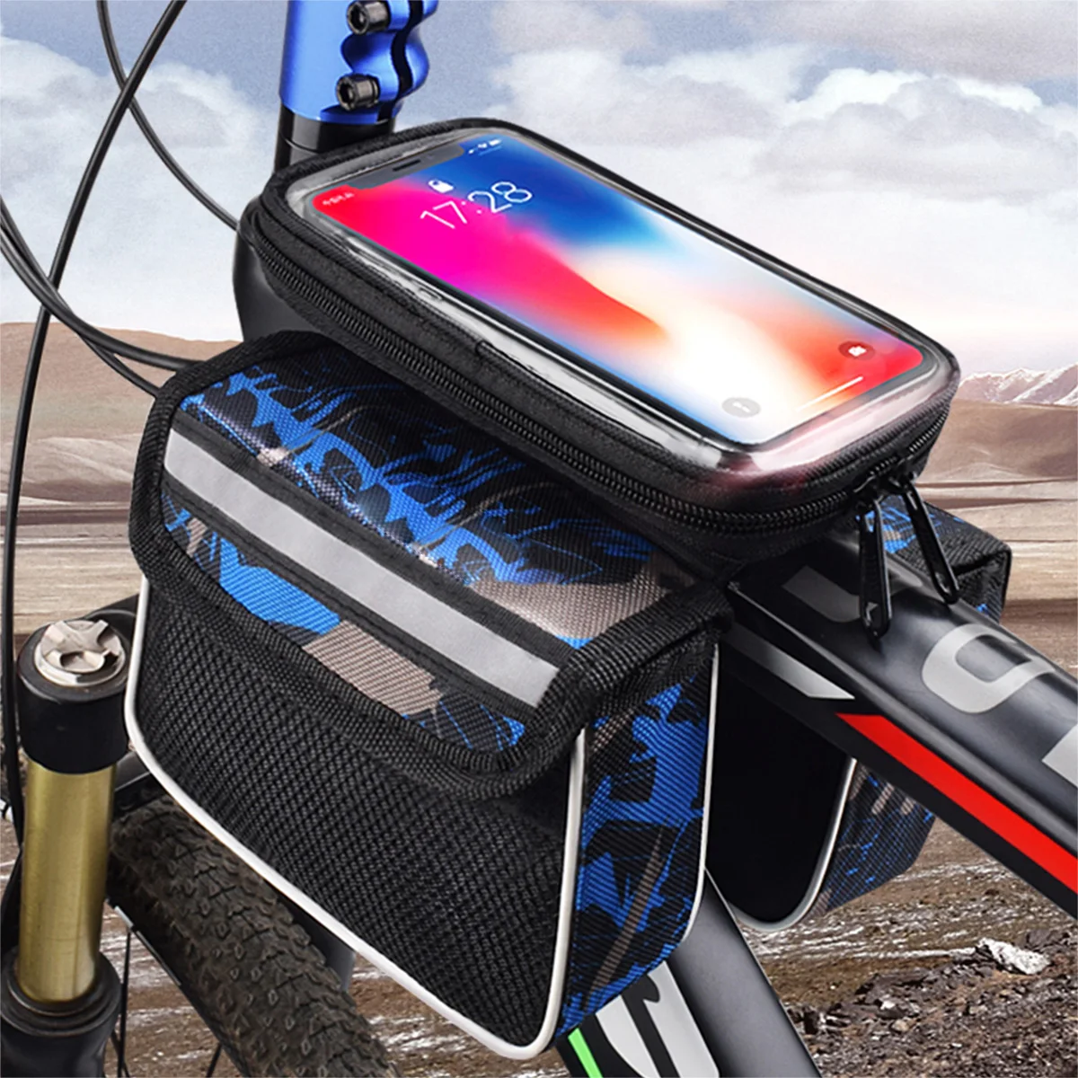 1Pcs Bicycle Handlebar Bag Reflective Stripes Double Side 3 Pockets Road Front Frame Bike Bag Cycling Accessories