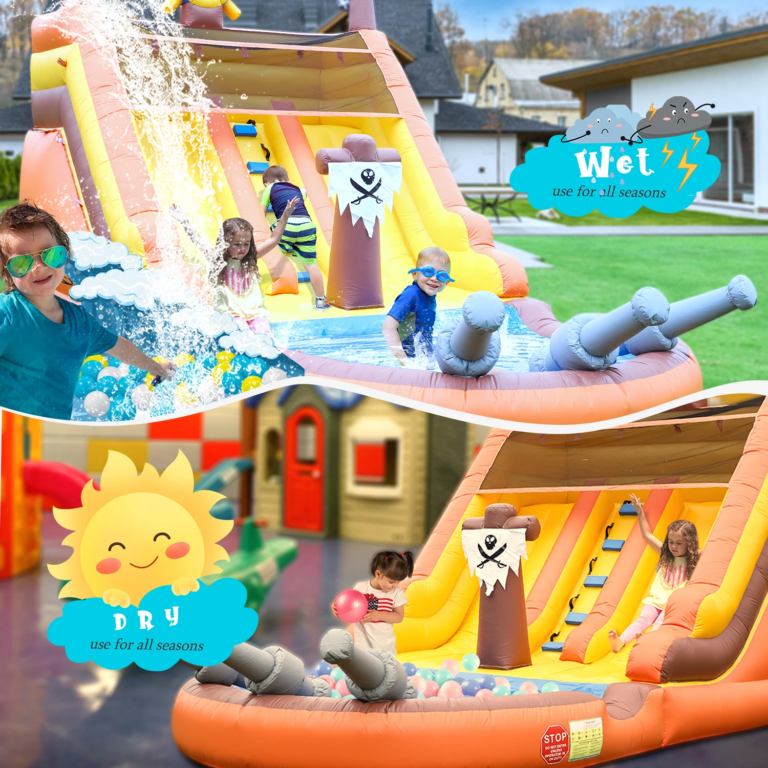 Thème de bateau Pirate gonflable Commercial, double toboggan aquatique avec piscine anti-éclaboussures + jouets gonflables en souffleur pour aire de jeux pour enfants