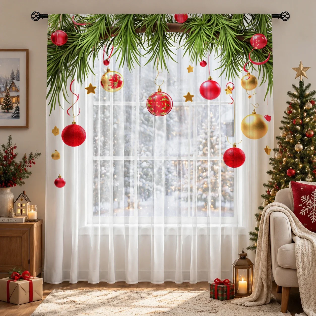 Christmas Gradient Sheer Curtain, Good Quality Light Reducing Privacy Voile for Living/Bedroom/Kids Room,Christmas's Day Gift