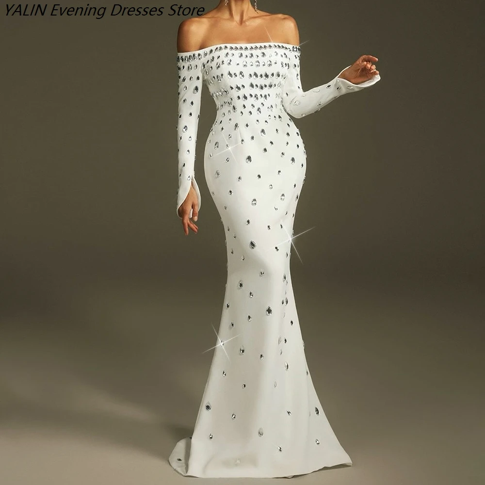 

Women's Mermaid Evening Dresses Floor-length Off The Shoulder Full Sleeve Prom Dresses Fashion Crystal Draped Customized Gowns