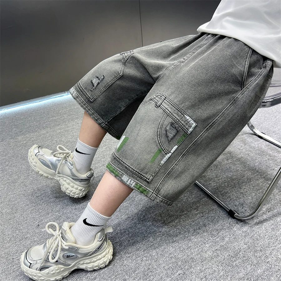 Kids Vintage Blue Grey Denim Shorts For Boy Casual Summer Shorts Teenager Children Retro Straight Knee-Length Ripped Jeans Pants