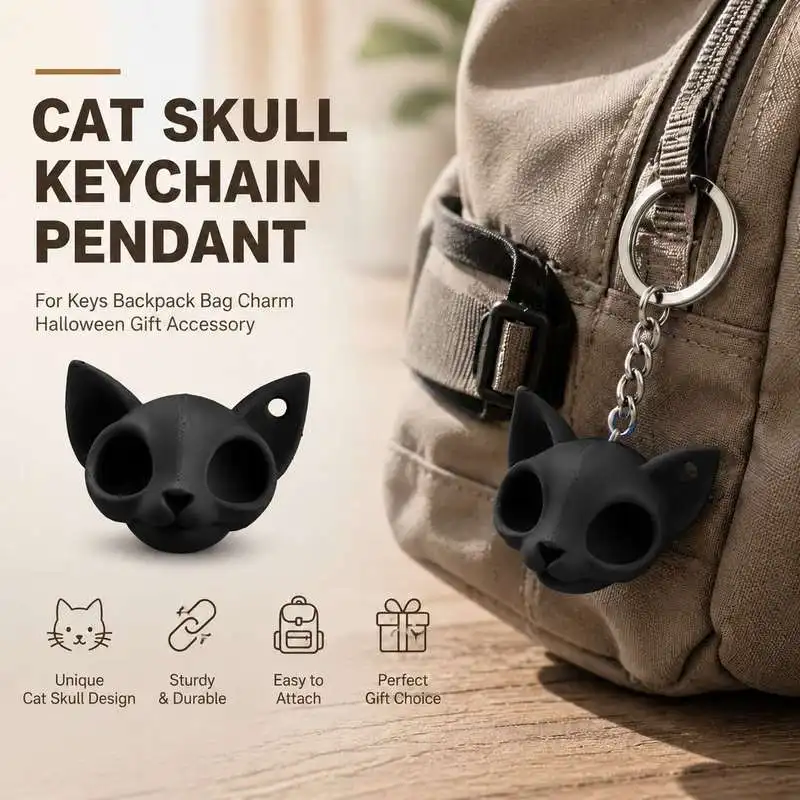 Cool Cat Skull Key Ring for Keychain Backpack Charm Halloween Decoration Gift