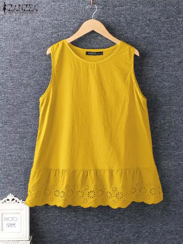 Zanzea Sommer Vintage Spitze Häkeln Tanks Tops Mode ärmellose Bluse Frauen solide Rüschen Saum Hemd weibliche lässige Urlaub Blusa