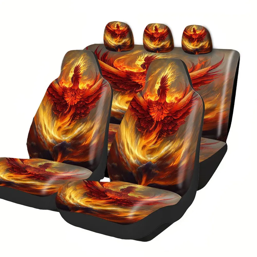 Trendy Print Car Seat Covers Full Set Fit Holiday Premium Material Comfortable Breathable Flaming Phoenix Fiery Bird Burning P