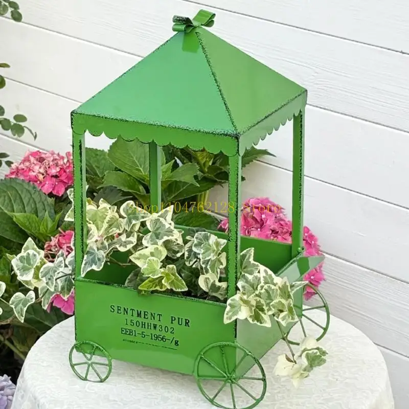 Retro Iron 4 Wheel Flower Cart Plant Container For Garden Decors Plant Display best sale