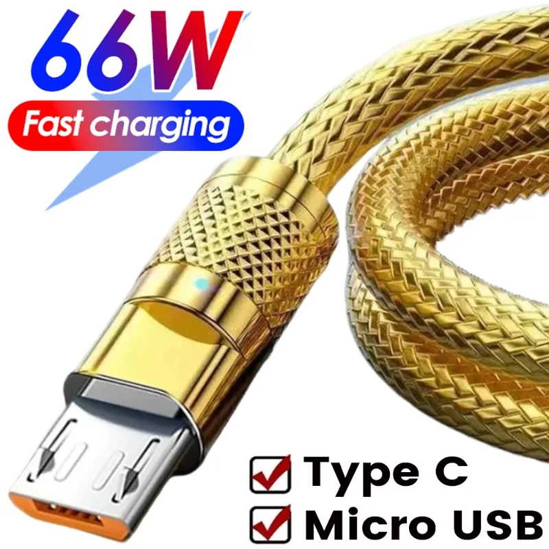 Cable de datos de Metal de lujo dorado tipo C, Micro USB, Cable de carga súper rápida para teléfono móvil Xiaomi, Samsung, Oppo Vivo