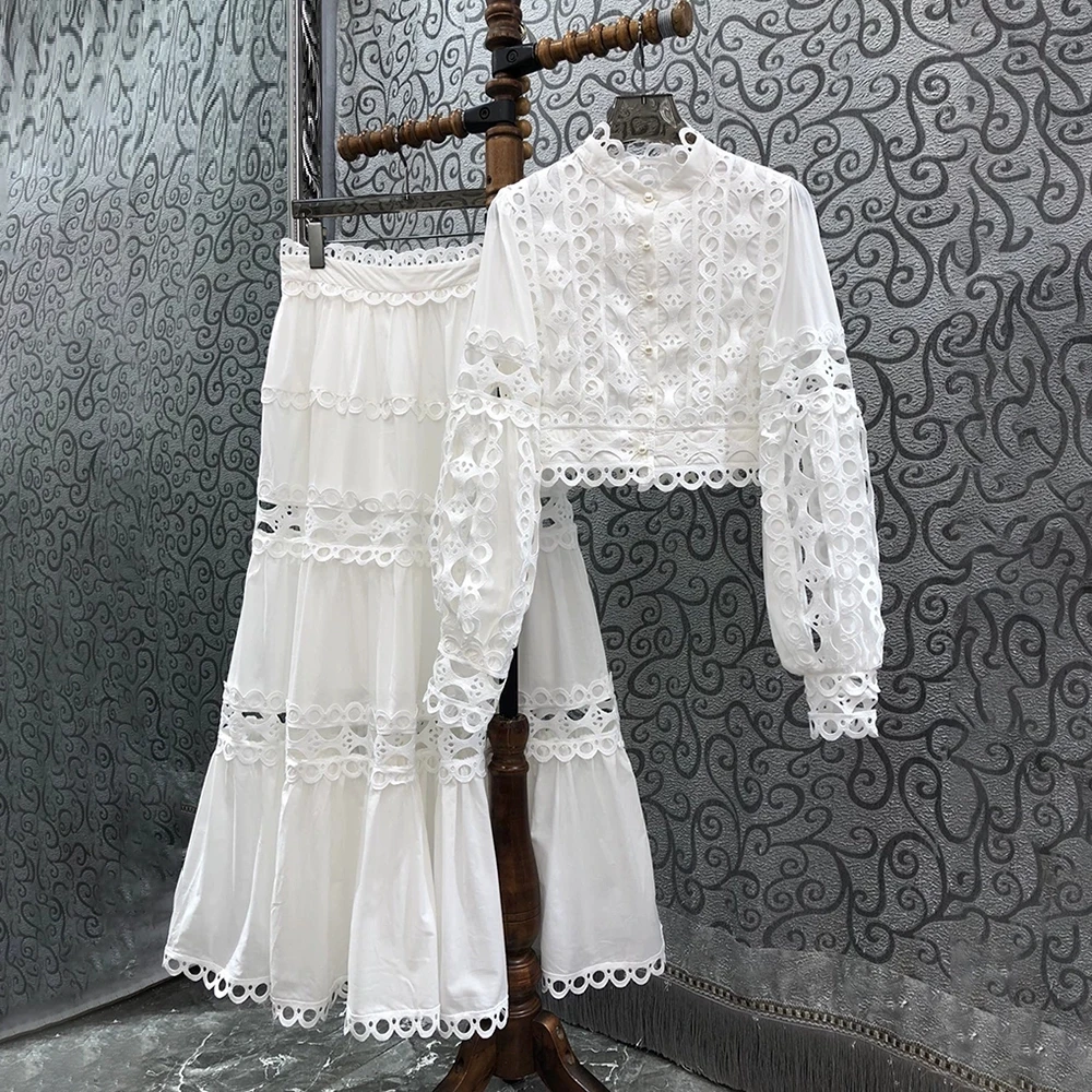 Crop Sets 2023 Autumn Fashion two Piece Sets Clothing Women Hollow Out Embroidery Long Sleeve Sexy Crop Tops+Long Maxi Skirts