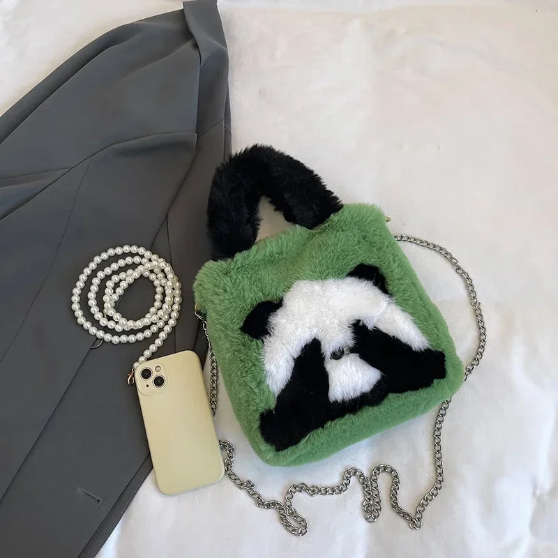 Lovely Fashion Advanced Feeling Handbags 2024 New Mink Fur Panda Cartoon Large Capacity Versatile Western Style Crossbody Bag