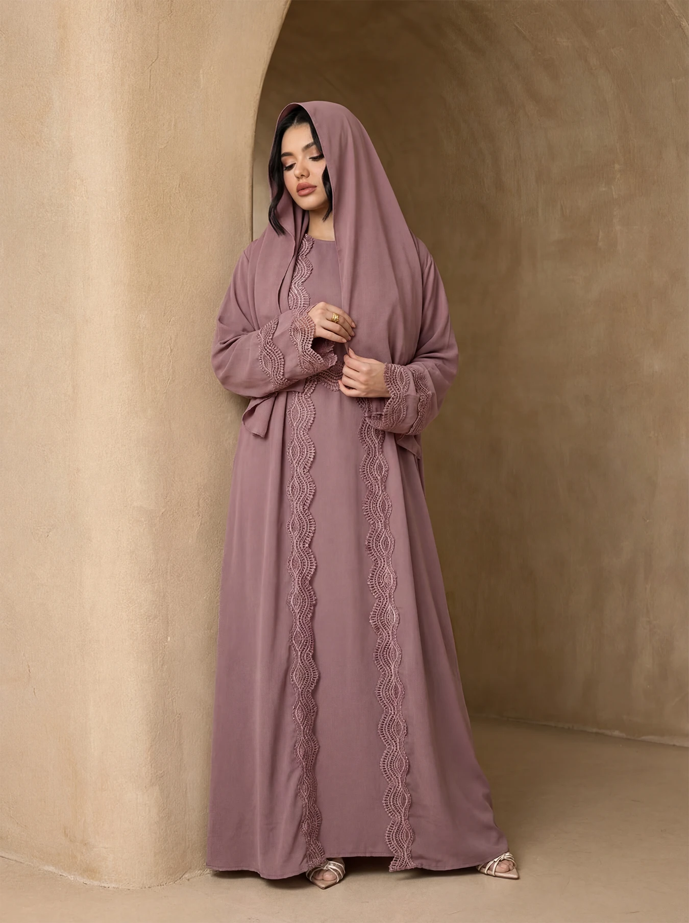 Lace Trim 3‑Piece Open Abaya Outfit, Long Sleeve Kimono Outer Maxi Dress with Hijab, Modest Islamic Clothing for Ladies