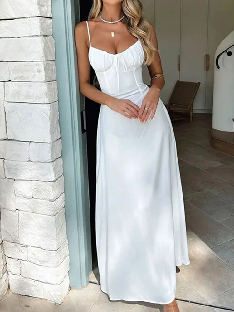 Glänzendes elegantes Riemchen rücken freies langes Kleid Damen Sommer mode Rundhals ausschnitt gekleidet einfarbig schlankes Abendkleid langes Kleid