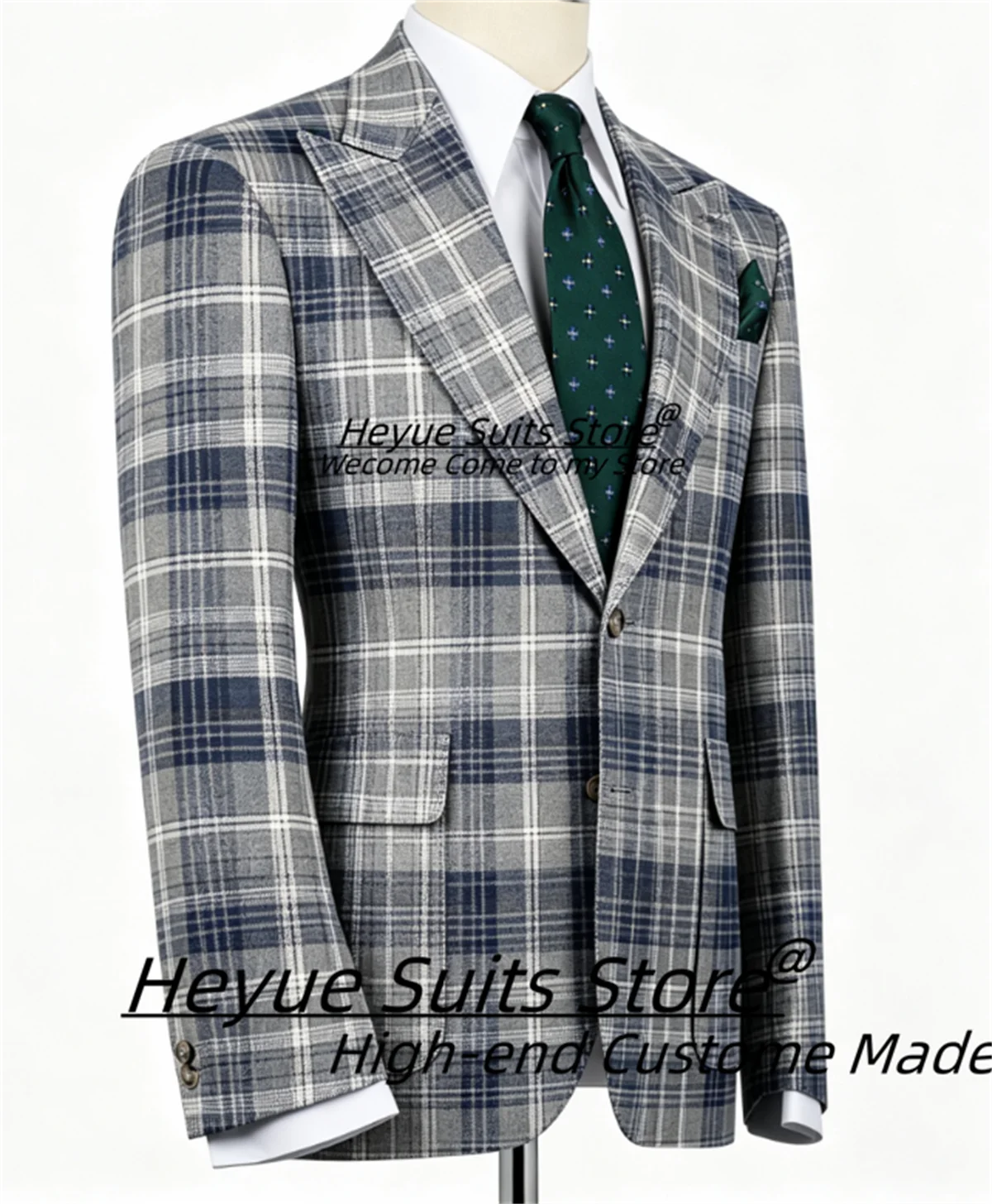 Grey Blue Plaid Men Suits Business Slim Fit Peak Lapel Groom Wedding Tuxedos Customized High-end 2 Pieces Sets Costume Homme