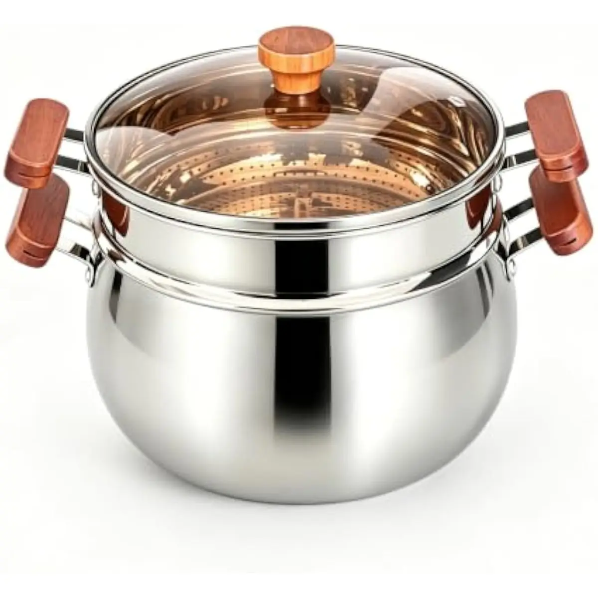 7.4 quart stainless steel stock pot with polished finish curved drum shape base non warped tri ply construction ergonomic wood h