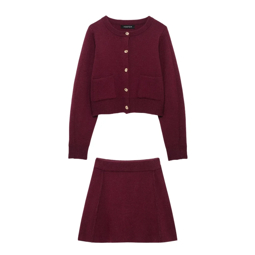 Women's Skirt Suit New Fashion Round Neck Knitted Sweater Long Sleeve Single Breasted Cardigan Elastic Waist Slim Fit Mini Skirt