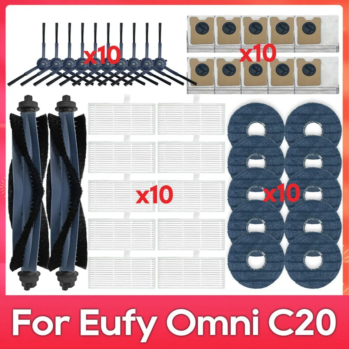 

Запасные части и аксессуары A51U для робота-пылесоса Eufy Omni C20: основная и боковые щетки, фильтр, тряпка для влажной уборки, мешок для сбора пыли.