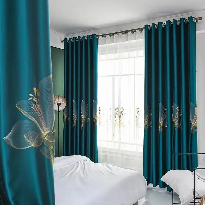 Thicken Elegant Luxury Curtains for Living Room Bedroom High-end Plain Color Satin Lily Embroidered