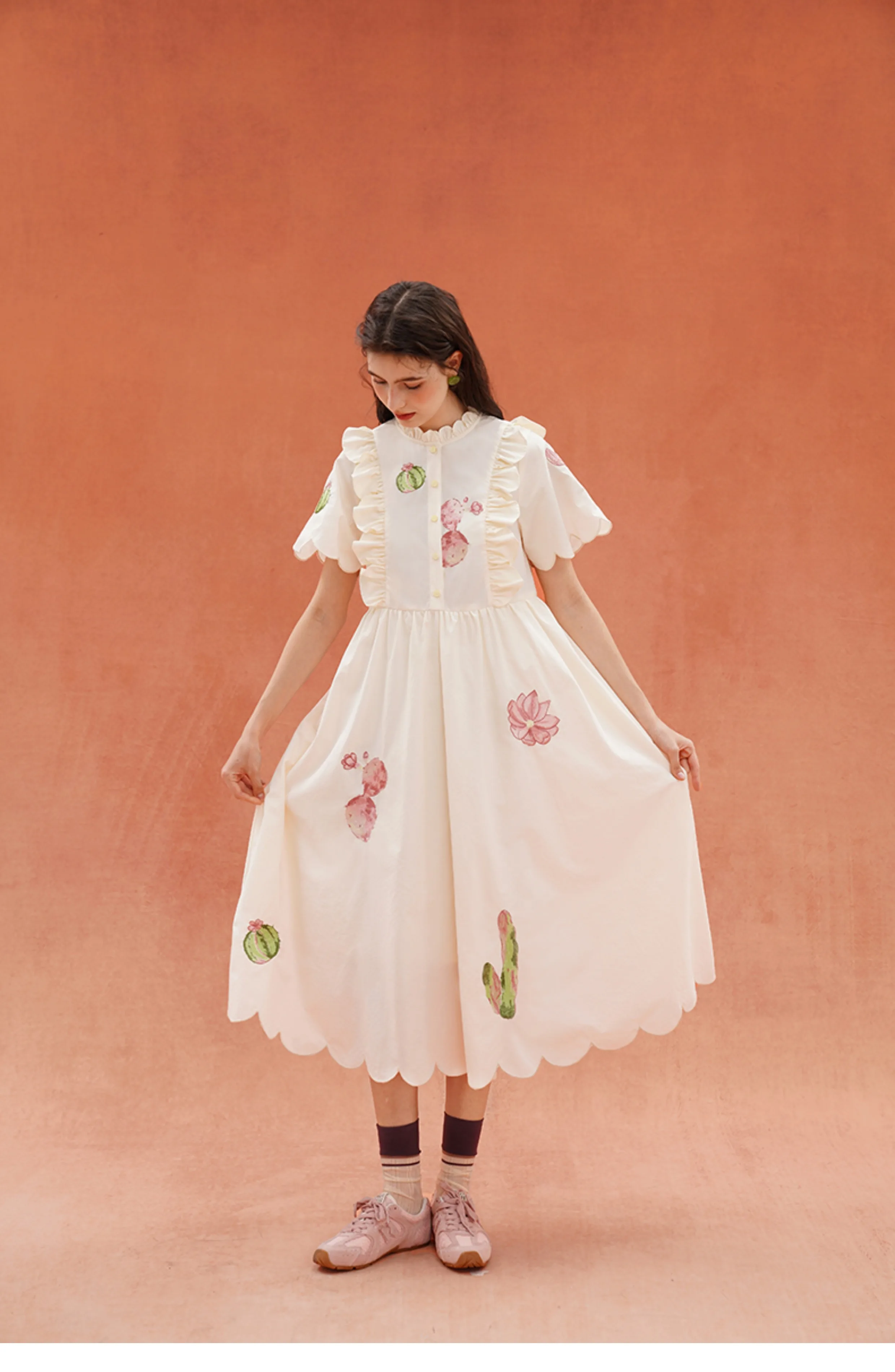 Primavera verão design original feminino luz francês retro cactus vestido bordado, esportes bowknot pétala colarinho camisa vestido