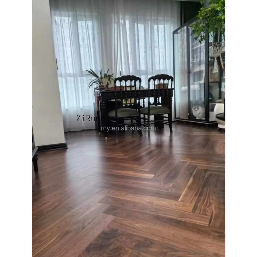 Versión personalizada del piso de madera de ingeniería de nogal negro, piso de madera con patrón de espiga