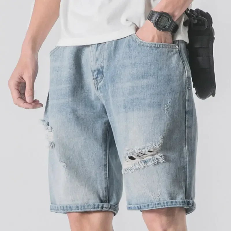 

Loose Wide Bermuda with Pockets Man Denim Shorts Half Baggy Short Jeans Pants for Men Ripped Long Trend 2025 Korean Fashion Xl