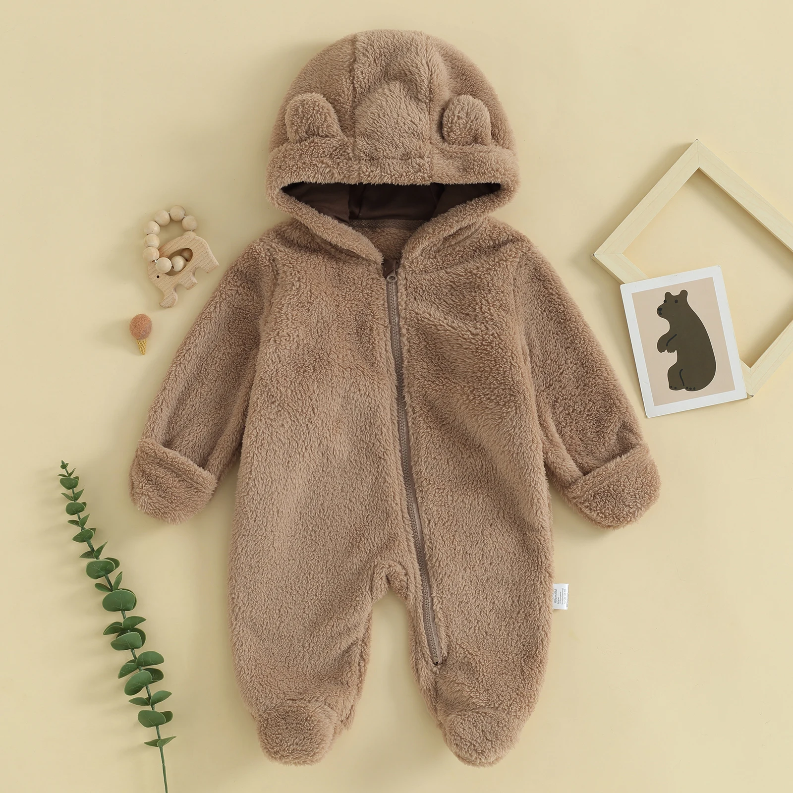 0-12M Baby Plush Warm Jumpsuits Long Sleeve Hooded Zipper Closure Rompers Toddler Infant Winter Warm Outfits Snowwear