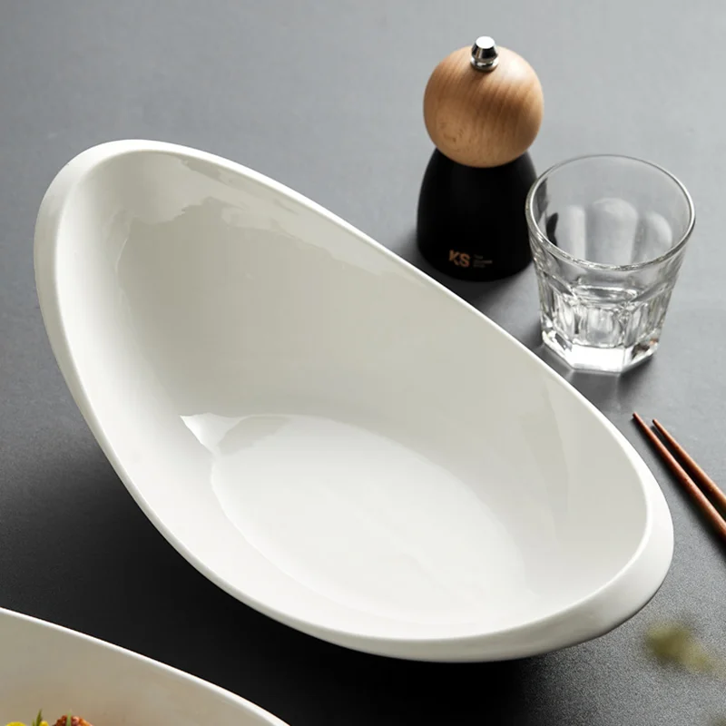 

Solid Color Ceramic Plate, Soup Bowl, Creative Irregular Tableware, Oval Boat Bowl, Household Dish, Restaurant, Utensil