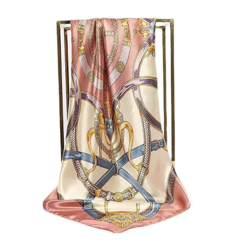 90cm Fashion Silk Square Scarf for Women Hair Band Soft Neckerchief Vintage Hijab Flower Print Headscarf Female Pashmina Bandana image 5