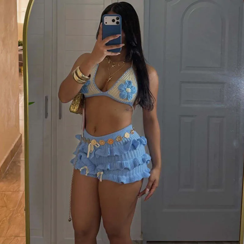 

Doyerl Knitted Beach Club Outfits for Woman 2 Piece Set Summer Clothes Holiday Lace-up Crop Top and Ruffles Shorts Club Party